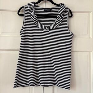 DUFFIELD LANE Navy White Striped Ruffle Top Size Medium Cotton Nautical Shirt